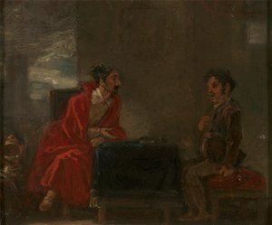 Illustratie voor Don Quichot, twee figuren aan een tafel door Robert Smirke