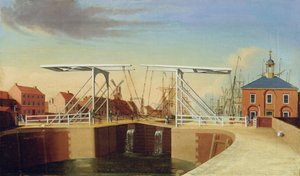 Een oostelijk uitzicht op de brug en de nieuwe dok in Kingston upon Hull door Robert Thew
