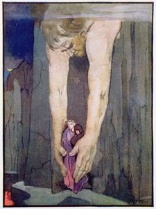 Antaeus zet Virgil en Dante neer in de laatste cirkel van de hel, ca. 1910 (kleur litho)