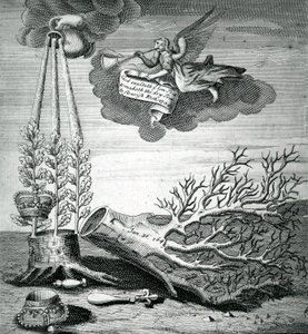 Emblematische prent verwijzend naar de executie van Karel I en de Stuart-opvolging, 1715