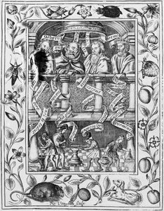 Grote alchemisten inspireren werk in het laboratorium uit Theatrum Chemicum Britannicum, 1652