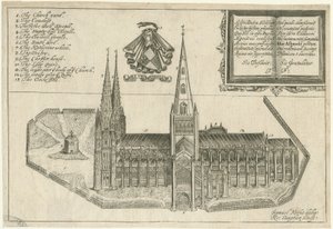 Lichfield Kathedraal - Zuidzicht: kopergravure, nd [17e eeuw]