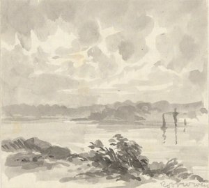 Landschap - Uitzicht op een meer en heuvels door Robert Walter Weir