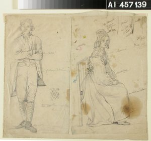 Man met zijn handen in de lucht en vrouw in nationale klederdracht door Robert Wilhelm Ekman
