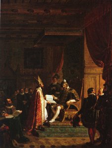 Mikael Agricola overhandigt de Finse NT aan koning Gustav Vasa door Robert Wilhelm Ekman