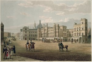 Uitzicht op het House of Lords en Commons, vanaf Old Palace Yard, uitgegeven 1821 door Colnaghi und Co. door Robert the Elder and Younger Havell