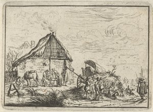 Soldaten bij een hooiberg door Robert van den Hoecke