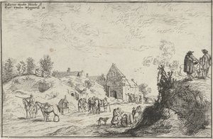 Vele figuren op een pad bij een dorp door Robert van den Hoecke