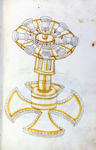 Kunst van de oorlog: studie over militaire machines. draaiend kanon, illustratie uit 