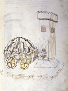 Krijgskunst: studie over militaire machines. een machine uitgerust met een pantser die een toren bestormt, illustratie uit 