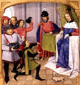 Franse koning Filips V (1293-1322) ontvangt belasting, verluchting door Robinet Testard uit 