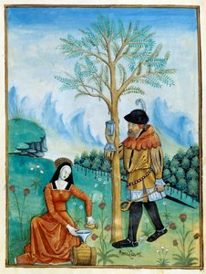 Het balsem verzamelen. Een man verzamelt de hars, of seve, die uit een boom stroomt (Flora: balsemboom), gebruikt voor medicijnen, terwijl een vrouw het in een vat doet