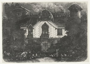Huis met toren achter een hek en herderin met vee door Rodolphe Bresdin