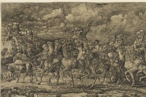 Hunnenkoning met zijn vrouwen omgeven door dienaren en vee, door een landschap rijdend door Rodolphe Bresdin
