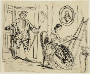 Interieur met man en vrouw in achttiende-eeuwse kleding door Rodolphe Bresdin