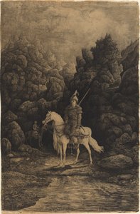 Oosterse ruiter in een verlaten berglandschap