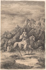 Oosterse amazone in een verlaten berglandschap door Rodolphe Bresdin