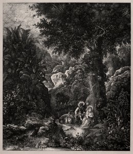 Rust tijdens de vlucht naar Egypte met een gezadelde ezel, 1871 door Rodolphe Bresdin