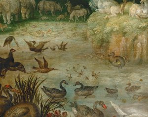 De vijver. Drinkende dieren, zwemmende eenden, een eenhoorn op de achtergrond (schilderij op canvas) door Roelandt Jacobsz. Savery