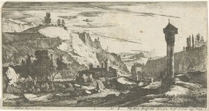 Bergachtig landschap met zuil door Roelant Roghman