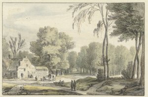 Landschap met een reiswagen voor een boerderij door Roelant Roghman
