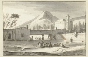 Bergachtig, Italiaans landschap met een rotunda kerk door Roelant Roghman