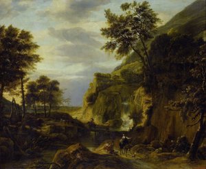 Berglandschap met waterval door Roelant Roghman