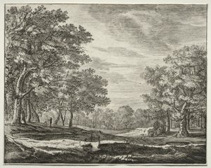 Zes uitzichten in het bos van Den Haag: Een man met een staf in zijn hand door Roelant Roghman