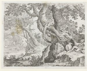 Slapende herder bij een grote boom door Roelant Savery