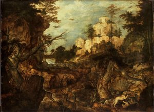 Wilde zwijnenjacht in een rotsachtig landschap