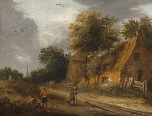 Drie figuren die langs een weg voor een huisje lopen door Roelof Jansz van Vries