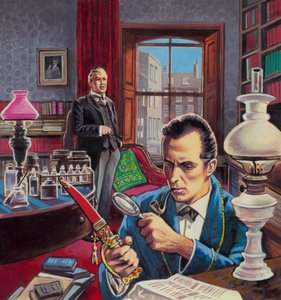 Sherlock Holmes in zijn studeerkamer (gouache op papier) door Roger (after) Payne