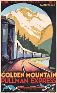 Een poster voor Compagnie Internationale des Wagons-Lits met reclame voor de Golden Mountain Pullman Express, ca. 1930 (kleurenlitho)