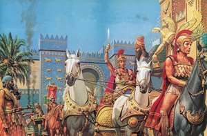 Alexander de Grote, gedragen in zijn strijdwagen, rijdt in triomf Babylon binnen (kleurenlitho)