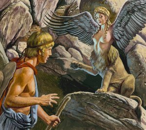 Oedipus ontmoet de Sfinx (gouache op papier) door Roger Payne