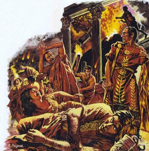 Pompeii tijdens de uitbarsting van de Vesuvius (kleurenlitho)