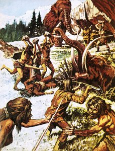 Prehistorische mannen vallen mammoeten aan door Roger Payne