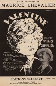 Cover van de partituur van het grote succes van Maurice Chevalier "Valentine" tekst van Albert Willemetz muziek van Christine editions Salabert, c.1925 (print) door Roger de Valerio