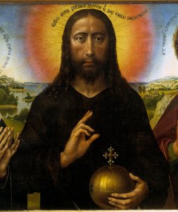 Christus Verlosser tussen de Maagd en Sint Jan de Evangelist, het zogenaamde Triptych Braque. Detail van Christus. Schilderij door Rogier (Roger) Van Der Weyden (1400 - 1464)