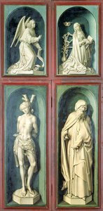 De Annunciatie, St. Sebastiaan, St. Antonius de Grote en de twee schenkers, panelen van de achterkant van het Laatste Oordeel, c.1445-50 door Rogier van der Weyden