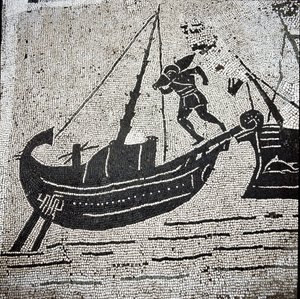 Een schip van Cagliari keert terug naar de haven van Ostia (mozaïek) door Roman