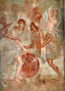 Achilles, vermomd als vrouw, wordt herkend door Odysseus tussen de dochters van Lycomedes op Scyros Fresco van Pompeii. 1e eeuw n.Chr. Dim. 145,5x137,5 cm Napels, nationaal archeologisch museum