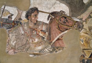 Alexander de Grote (356 - 323 v.Chr.) op zijn paard Bucephale. Mozaïek uit het Huis van de Faun, Pompeii door Roman