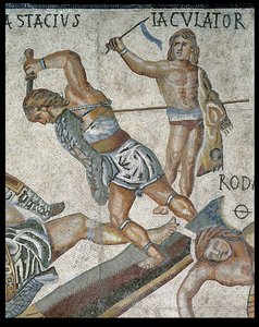 Strijd tussen Gladiatoren, detail van een vechtende gladiator en een zegevierende gladiator, 320 AD