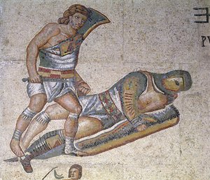 Strijd tussen Gladiatoren, detail van een gladiator die een ander tegen de grond drukt, 320 AD