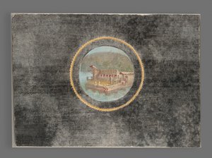 Zwart-grond fresco fragment met landschap in tondo, 50-79 AD door Roman