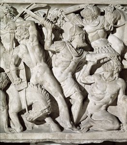 Detail van een sarcofaag met een gevecht tussen Romeinen en Galaten