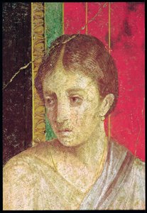 Detail van het hoofd van de zittende moeder, uit de Catechismescène, Noordmuur, Oecus 5, 60-50 v.Chr. (fresco) door Roman