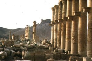 Oudste deel van de zuilengalerij die de hoofdas van de stad vormt, leidend naar een funeraire tempel en Qalaat Ibn Maan, een 17e-eeuws Arabisch kasteel, gebouwd in de eerste helft van de 2e eeuw