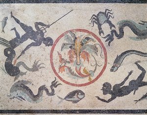 Vissers en zeedieren, 1e eeuw na Christus (mozaïek)